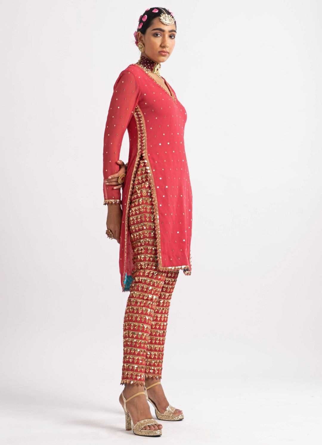 Deep Coral V Neck Heavy Pant Kurta Set Vvani by Vani Vats - Fabilicious Fashion