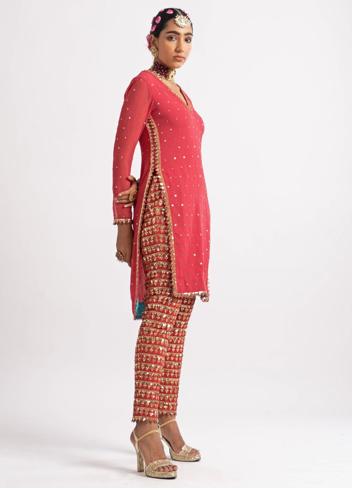 Deep Coral V Neck Heavy Pant Kurta Set Vvani by Vani Vats - Fabilicious Fashion
