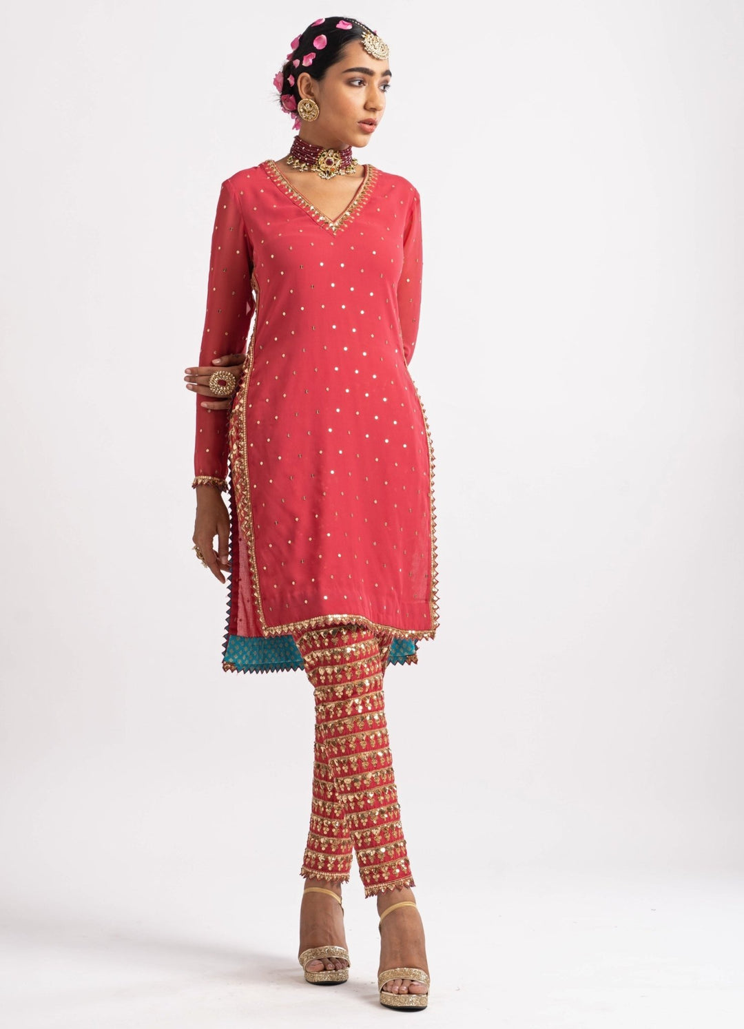 Deep Coral V Neck Heavy Pant Kurta Set Vvani by Vani Vats - Fabilicious Fashion