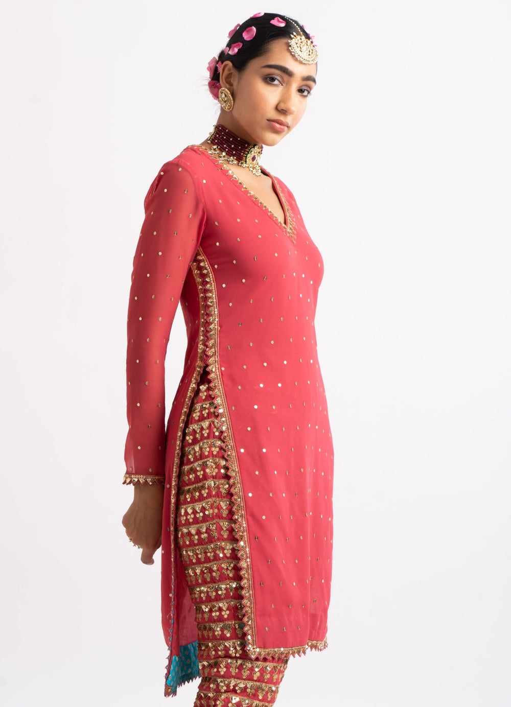 Deep Coral V Neck Heavy Pant Kurta Set Vvani by Vani Vats - Fabilicious Fashion