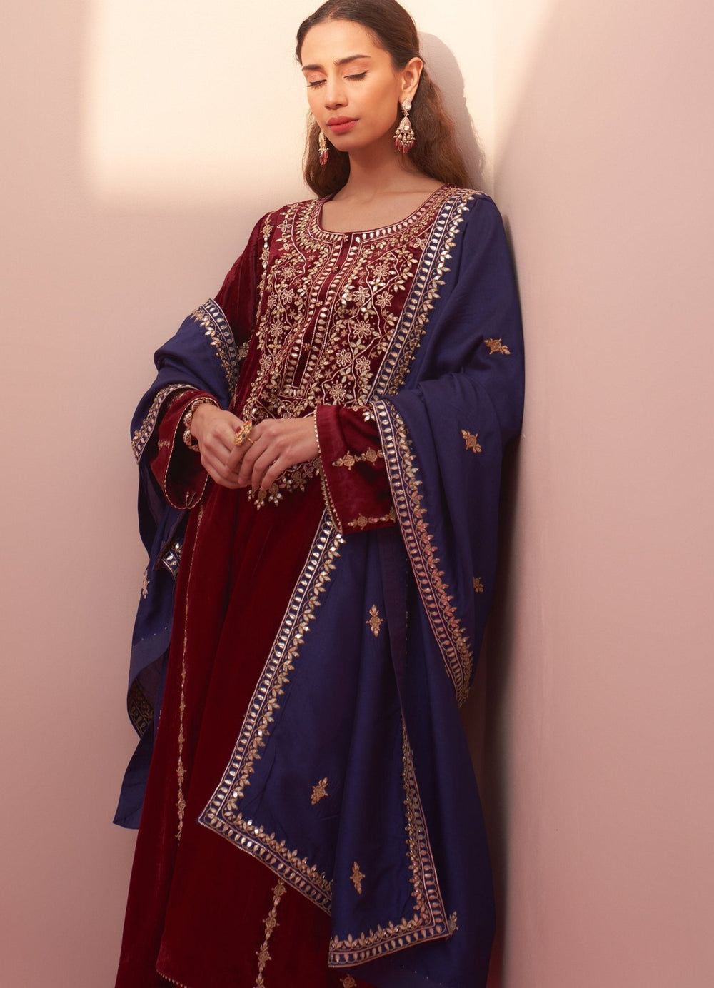 Deep Crimson and Royal Blue Velvet Kurta Set Angad Singh - Fabilicious Fashion