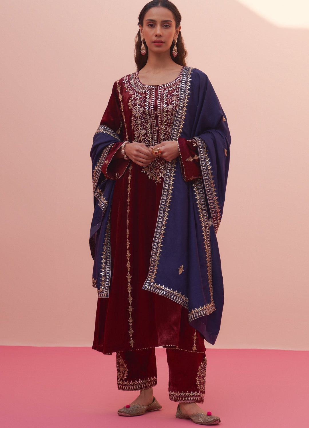 Deep Crimson and Royal Blue Velvet Kurta Set Angad Singh - Fabilicious Fashion