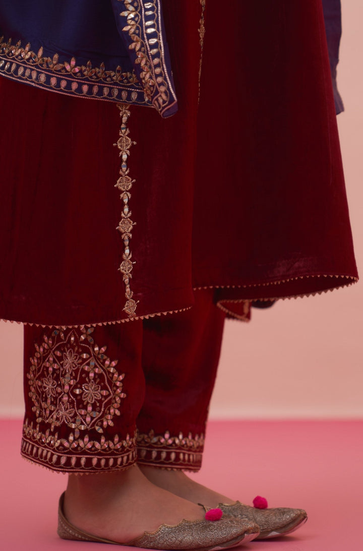 Deep Crimson and Royal Blue Velvet Kurta Set Angad Singh - Fabilicious Fashion
