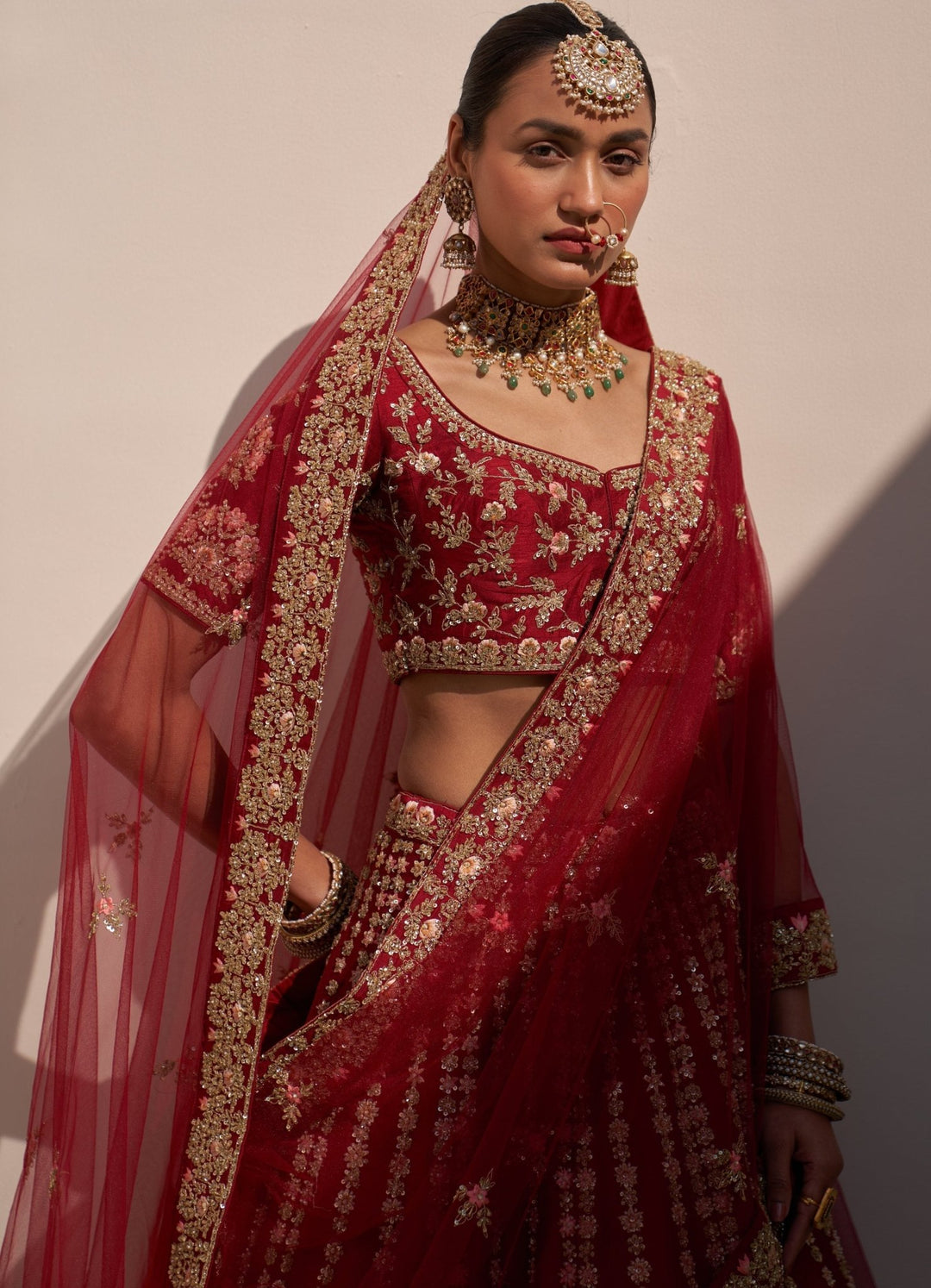 Deep Crimson Red Double Dupatta Lehenga Set Angad Singh - Fabilicious Fashion