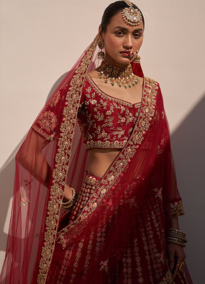 Deep Crimson Red Double Dupatta Lehenga Set Angad Singh - Fabilicious Fashion