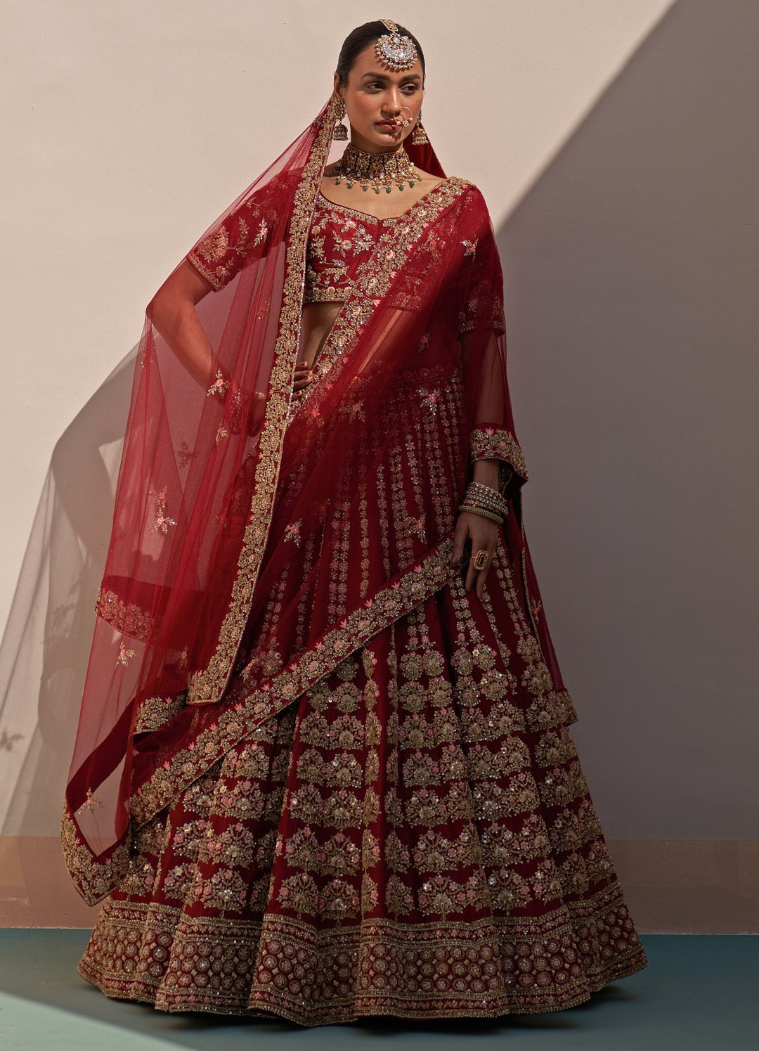 Deep Crimson Red Double Dupatta Lehenga Set Angad Singh - Fabilicious Fashion