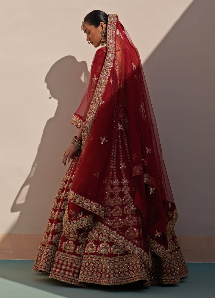 Deep Crimson Red Double Dupatta Lehenga Set Angad Singh - Fabilicious Fashion