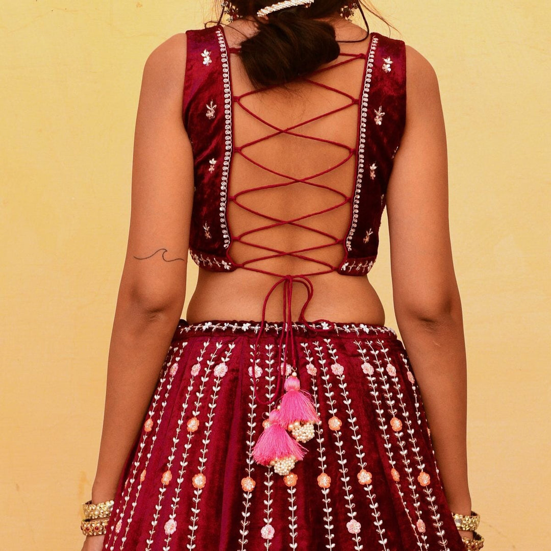 Deep Crimson Red Velvet Lehenga Set Chamee n Palak - Fabilicious Fashion