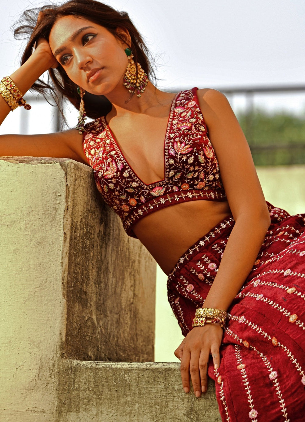 Deep Crimson Red Velvet Lehenga Set Chamee n Palak - Fabilicious Fashion