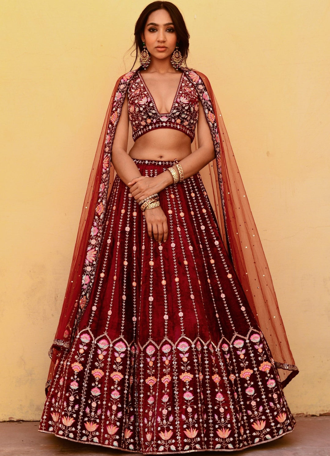 Deep Crimson Red Velvet Lehenga Set Chamee n Palak - Fabilicious Fashion