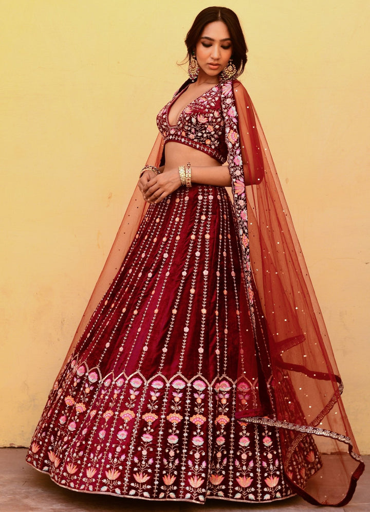 Deep Crimson Red Velvet Lehenga Set Chamee n Palak - Fabilicious Fashion