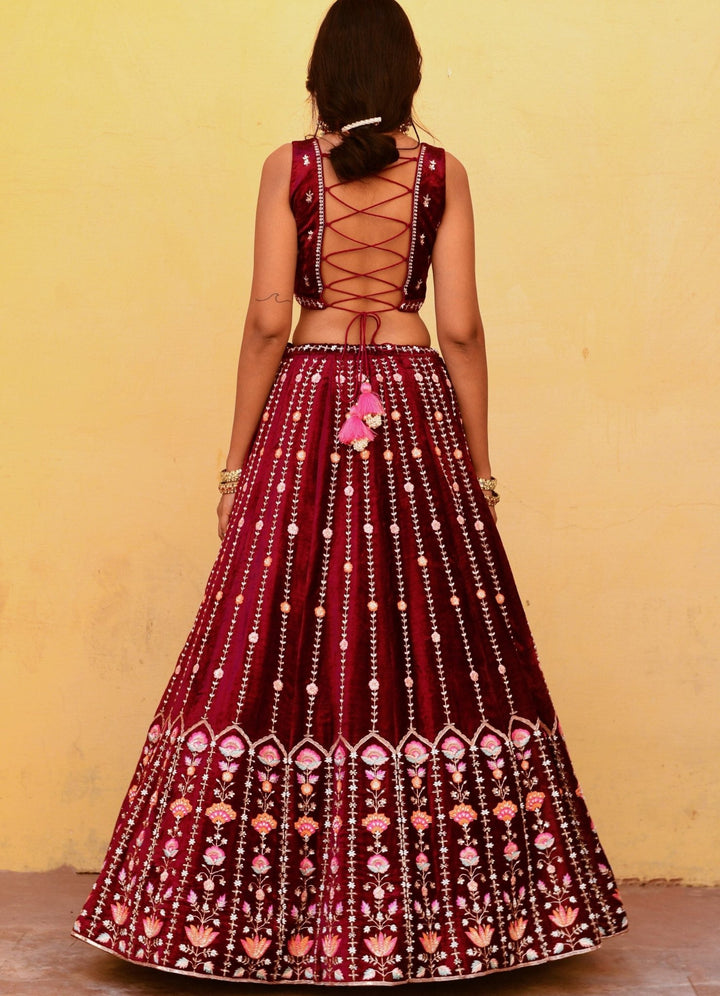 Deep Crimson Red Velvet Lehenga Set Chamee n Palak - Fabilicious Fashion
