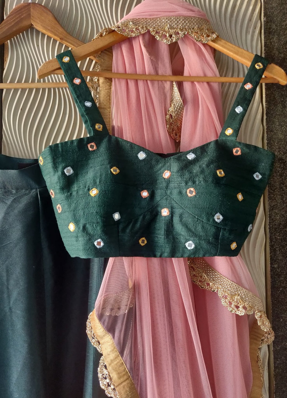 Deep Forest Green Mirror Work Lehenga Set Priti Sahni - Fabilicious Fashion