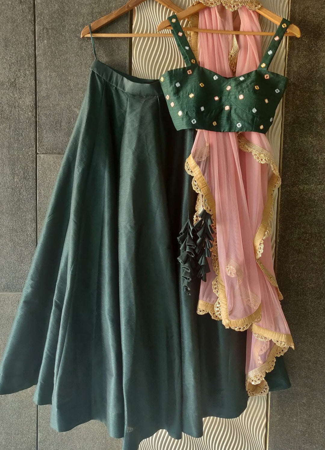 Deep Forest Green Mirror Work Lehenga Set Priti Sahni - Fabilicious Fashion