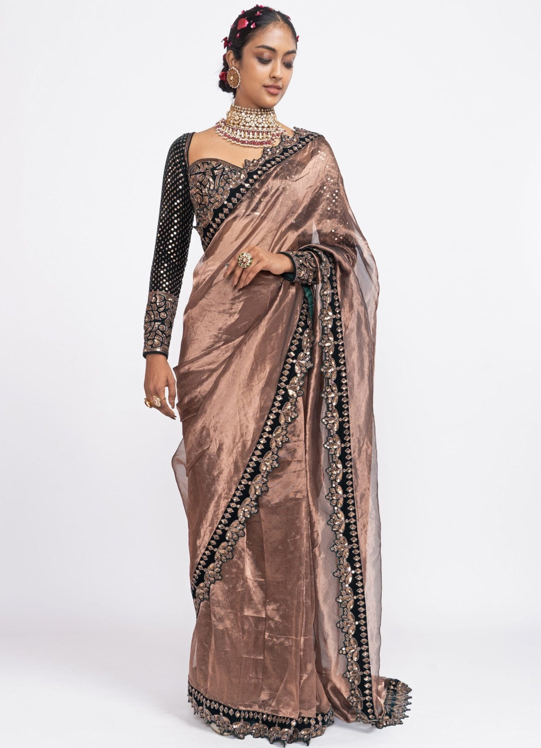 Deep Green and Copper Embroidered Satin Saree Set Vvani by Vani Vats - Fabilicious Fashion