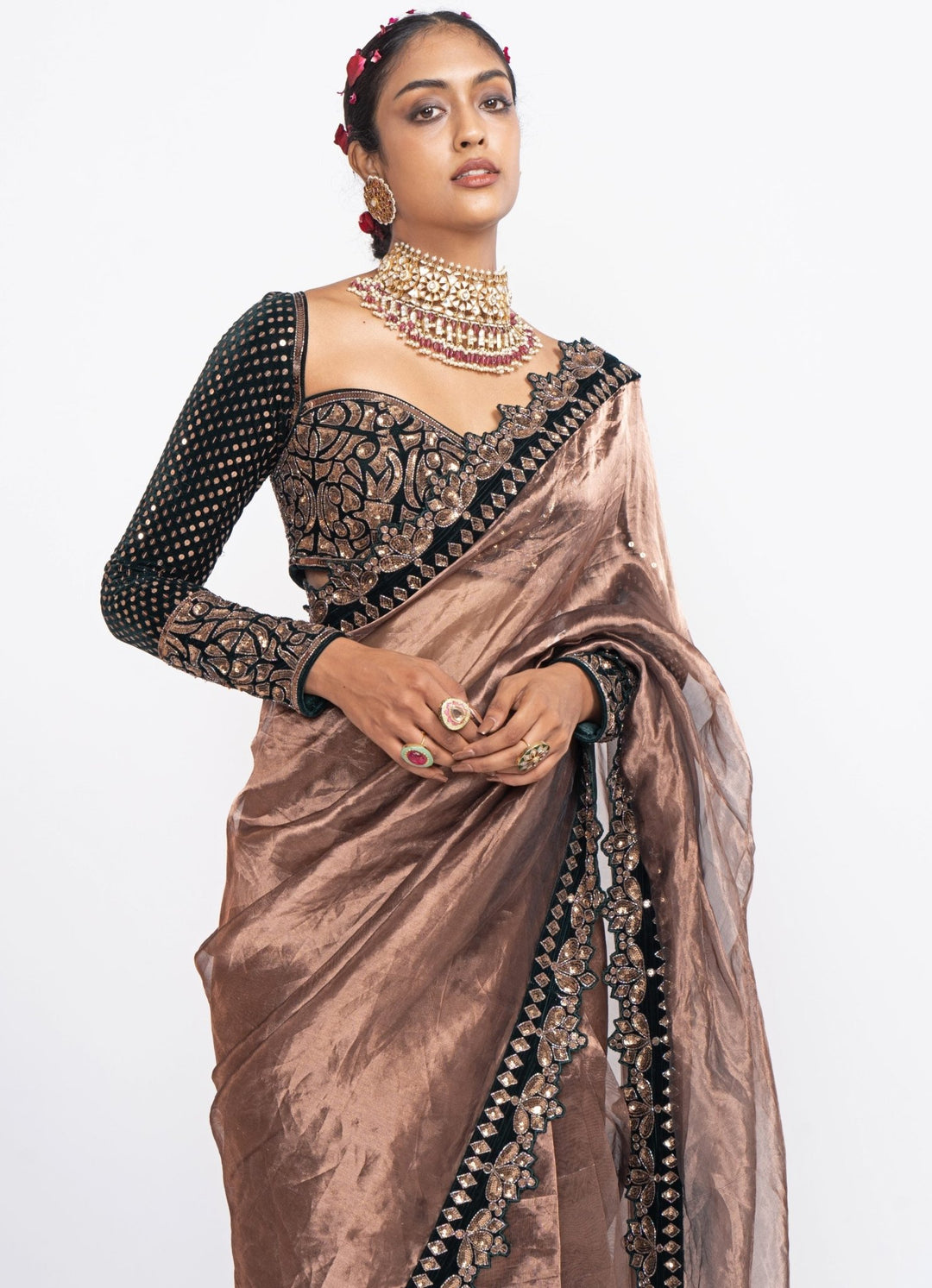 Deep Green and Copper Embroidered Satin Saree Set Vvani by Vani Vats - Fabilicious Fashion