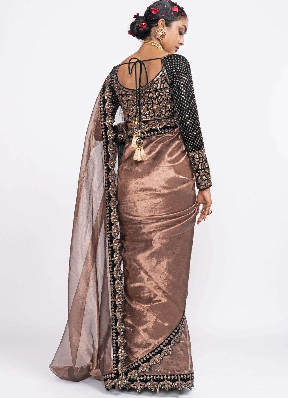 Deep Green and Copper Embroidered Satin Saree Set Vvani by Vani Vats - Fabilicious Fashion