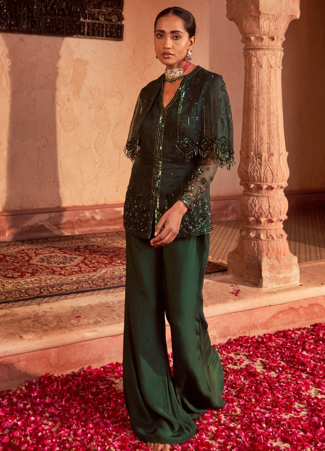 Deep Green Embellished Georgette Kurta Set With Sharara Pant & Cape Nidhika Shekhar - Fabilicious Fashion