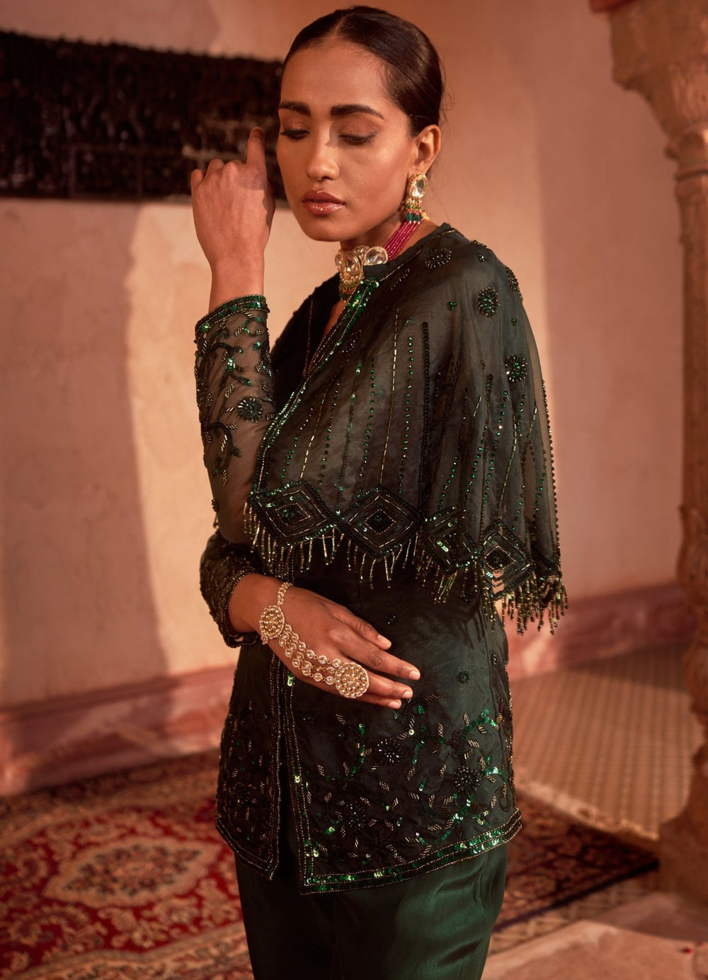 Deep Green Embellished Georgette Kurta Set With Sharara Pant & Cape Nidhika Shekhar - Fabilicious Fashion