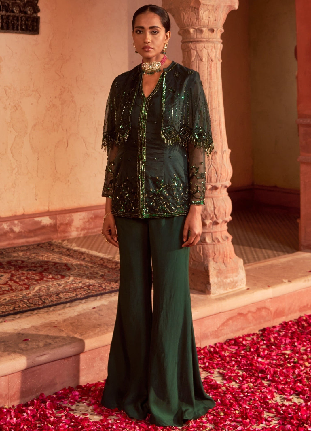Deep Green Embellished Georgette Kurta Set With Sharara Pant & Cape Nidhika Shekhar - Fabilicious Fashion