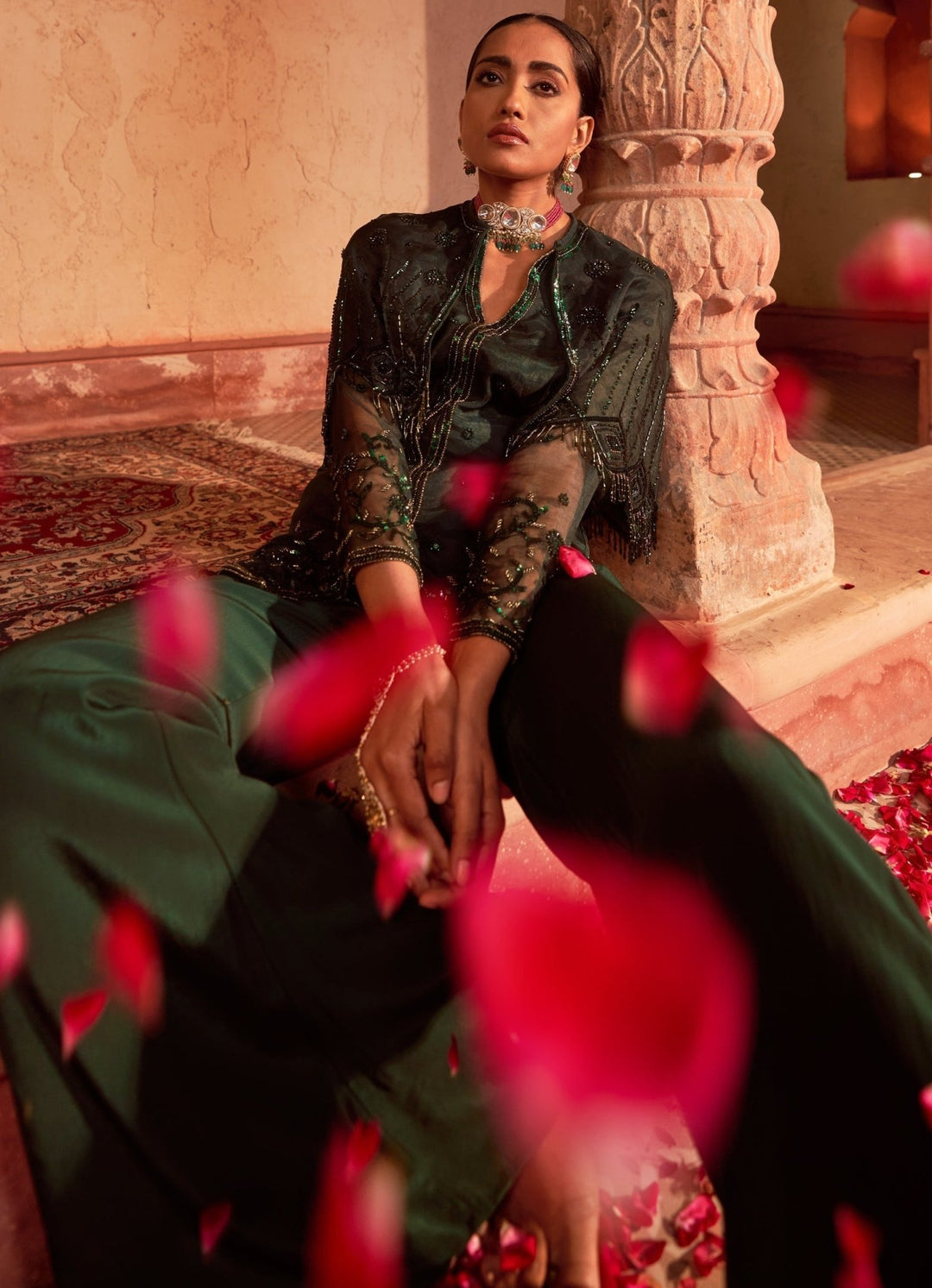 Deep Green Embellished Georgette Kurta Set With Sharara Pant & Cape Nidhika Shekhar - Fabilicious Fashion