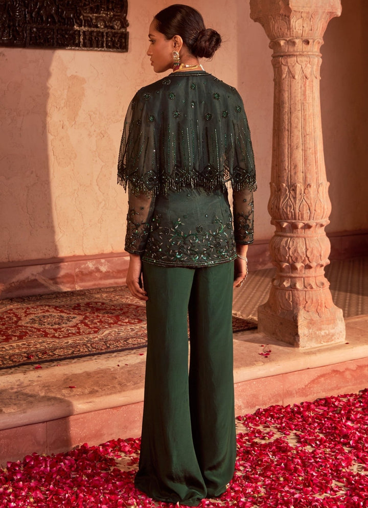 Deep Green Embellished Georgette Kurta Set With Sharara Pant & Cape Nidhika Shekhar - Fabilicious Fashion