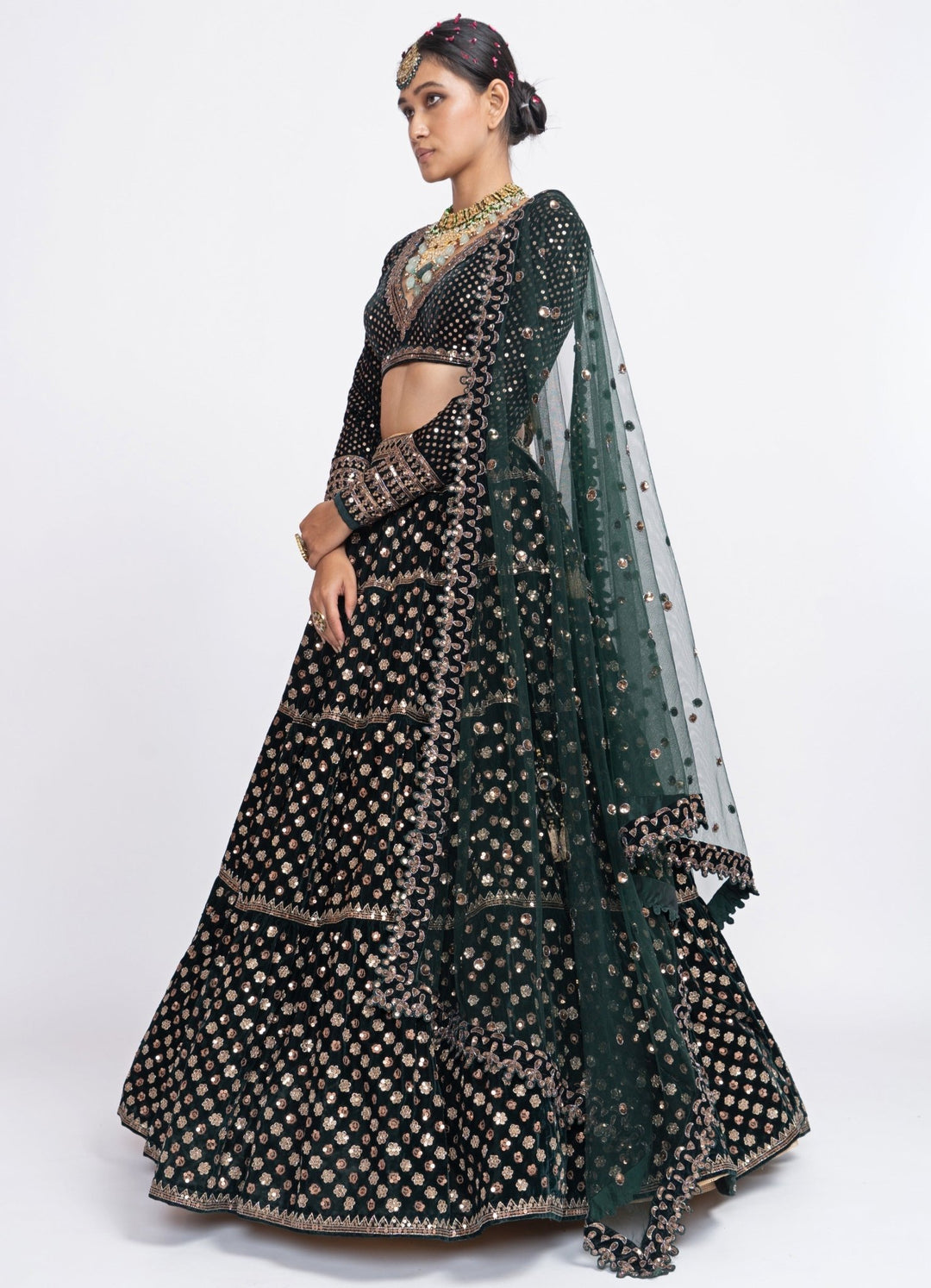 Deep Green Floral Lehenga Set Vvani by Vani Vats - Fabilicious Fashion
