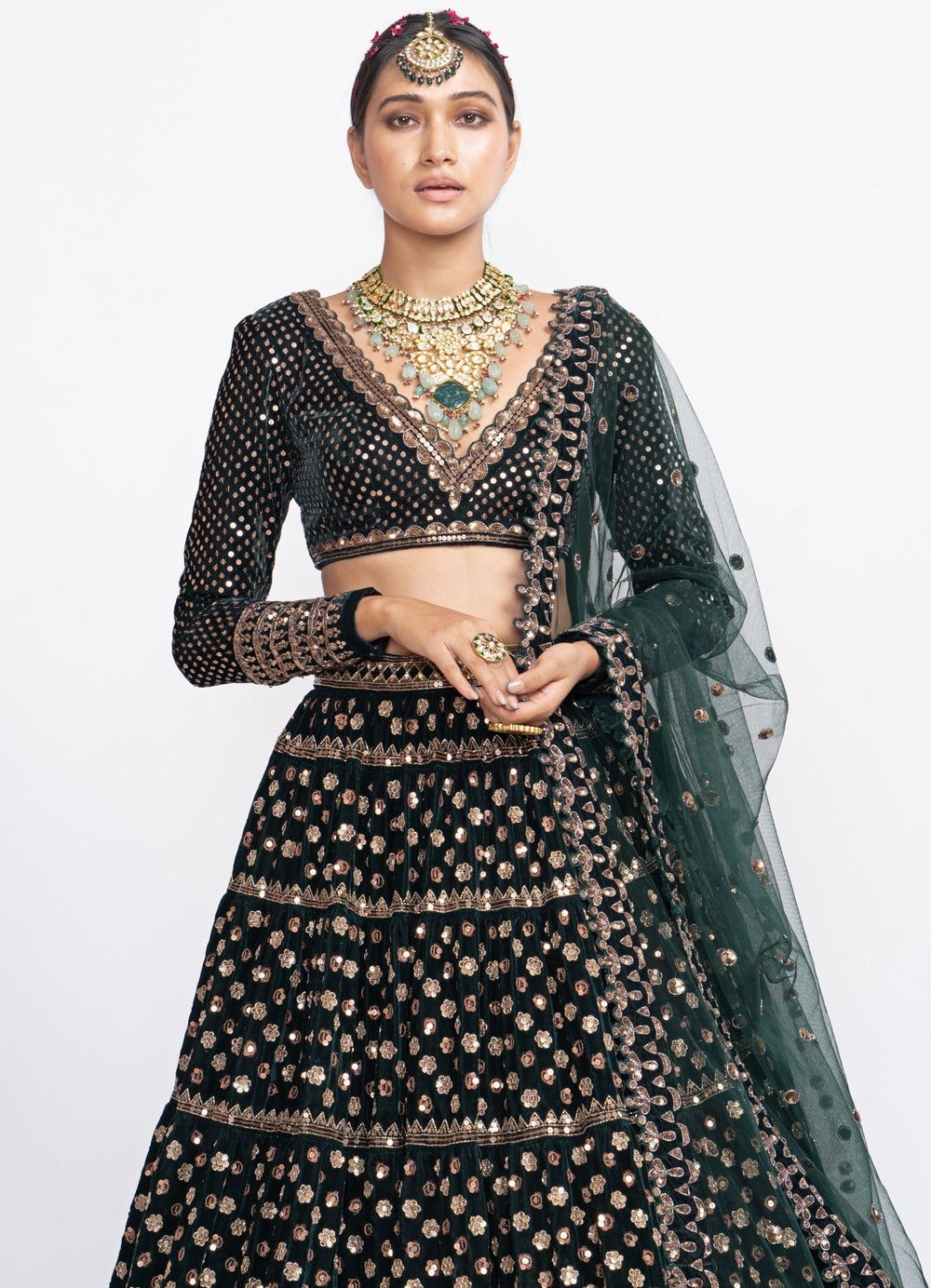 Deep Green Floral Lehenga Set Vvani by Vani Vats - Fabilicious Fashion
