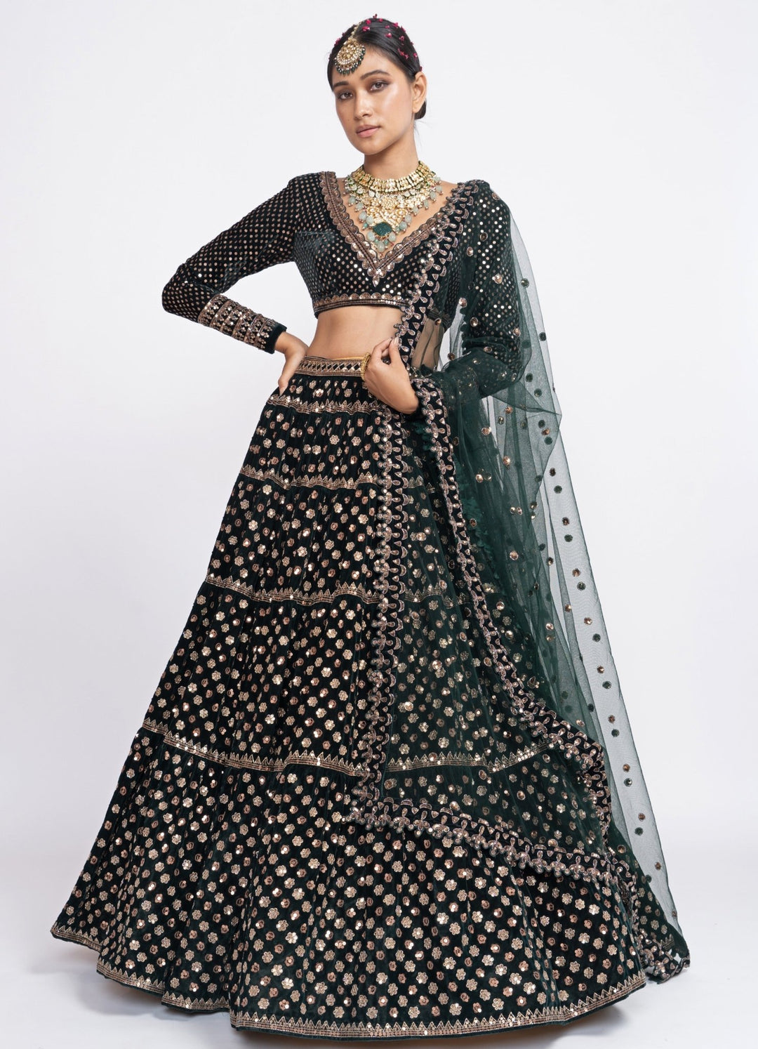 Deep Green Floral Lehenga Set Vvani by Vani Vats - Fabilicious Fashion