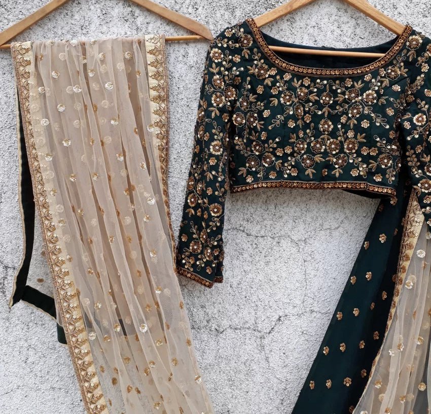 Deep Green Georgette Lehenga with Sequins Blouse Priti Sahni - Fabilicious Fashion