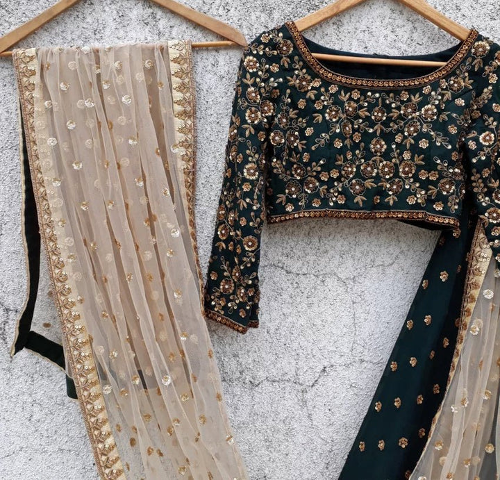 Deep Green Georgette Lehenga with Sequins Blouse Priti Sahni - Fabilicious Fashion