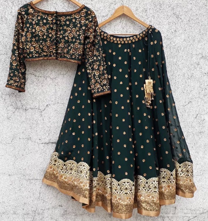 Deep Green Georgette Lehenga with Sequins Blouse Priti Sahni - Fabilicious Fashion