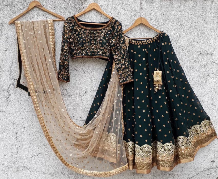 Deep Green Georgette Lehenga with Sequins Blouse Priti Sahni - Fabilicious Fashion