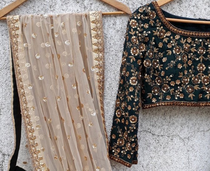 Deep Green Lehenga with Sequins and Zardosi Embroidered Blouse Priti Sahni - Fabilicious Fashion