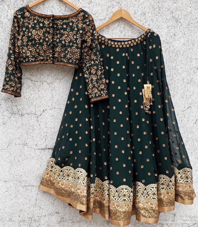 Deep Green Lehenga with Sequins and Zardosi Embroidered Blouse Priti Sahni - Fabilicious Fashion