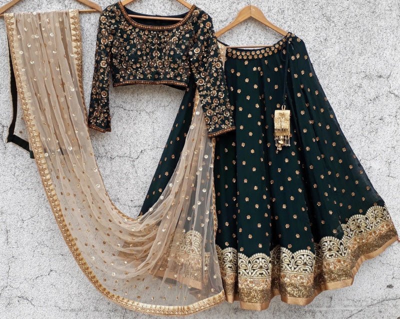 Deep Green Lehenga with Sequins and Zardosi Embroidered Blouse Priti Sahni - Fabilicious Fashion