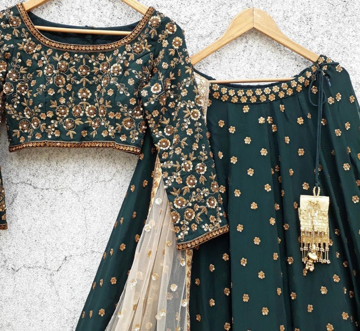 Deep Green Lehenga with Sequins and Zardosi Embroidered Blouse Priti Sahni - Fabilicious Fashion