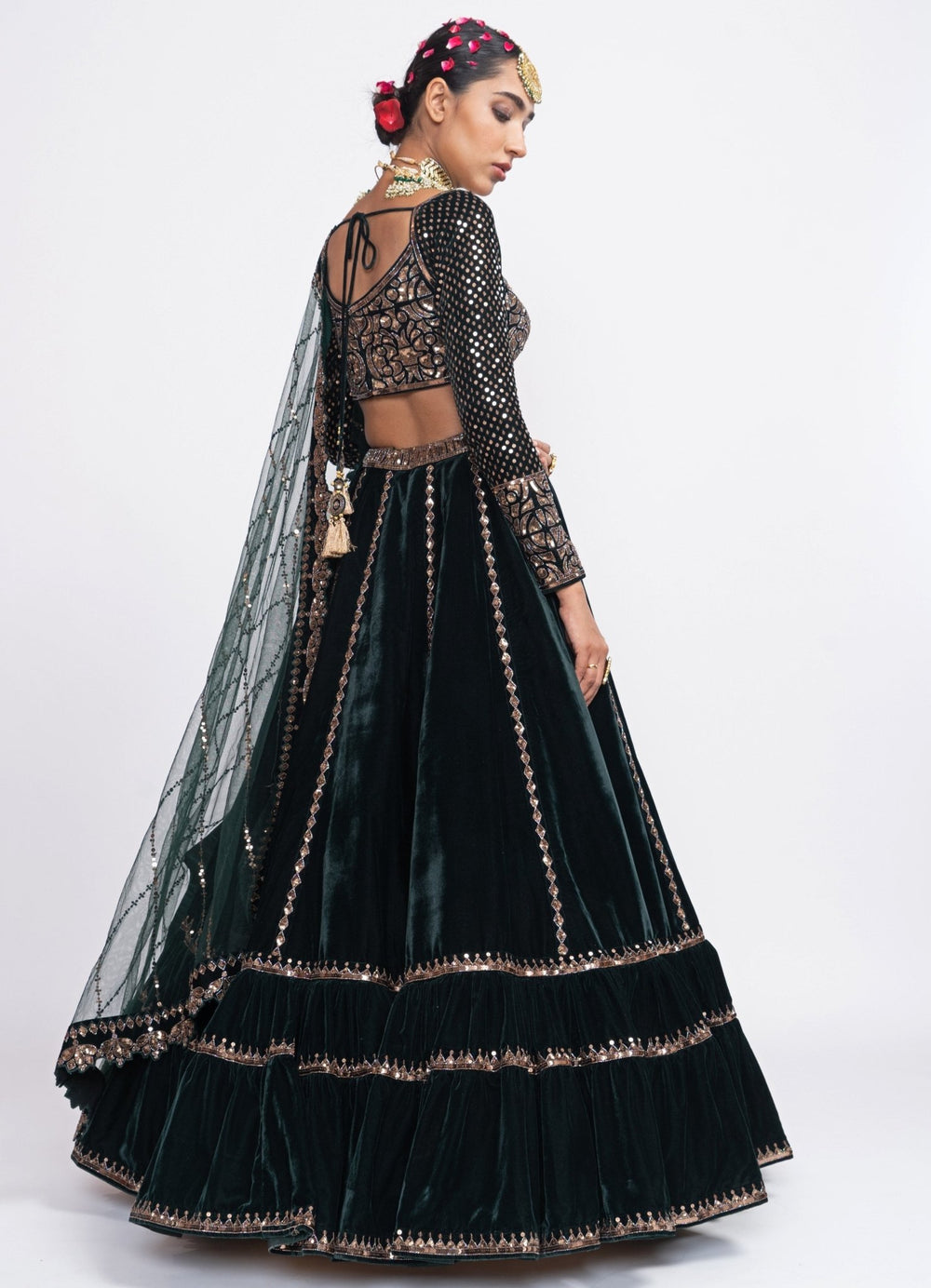 Deep Green Tiered Full Sleeves Lehenga Set Vvani by Vani Vats - Fabilicious Fashion