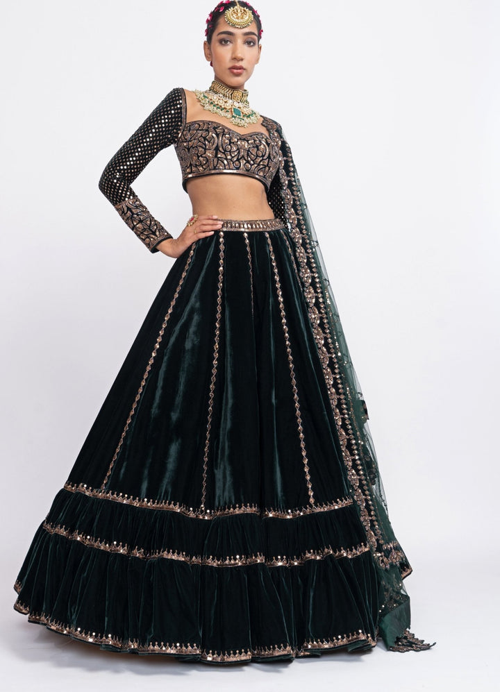 Deep Green Tiered Full Sleeves Lehenga Set Vvani by Vani Vats - Fabilicious Fashion