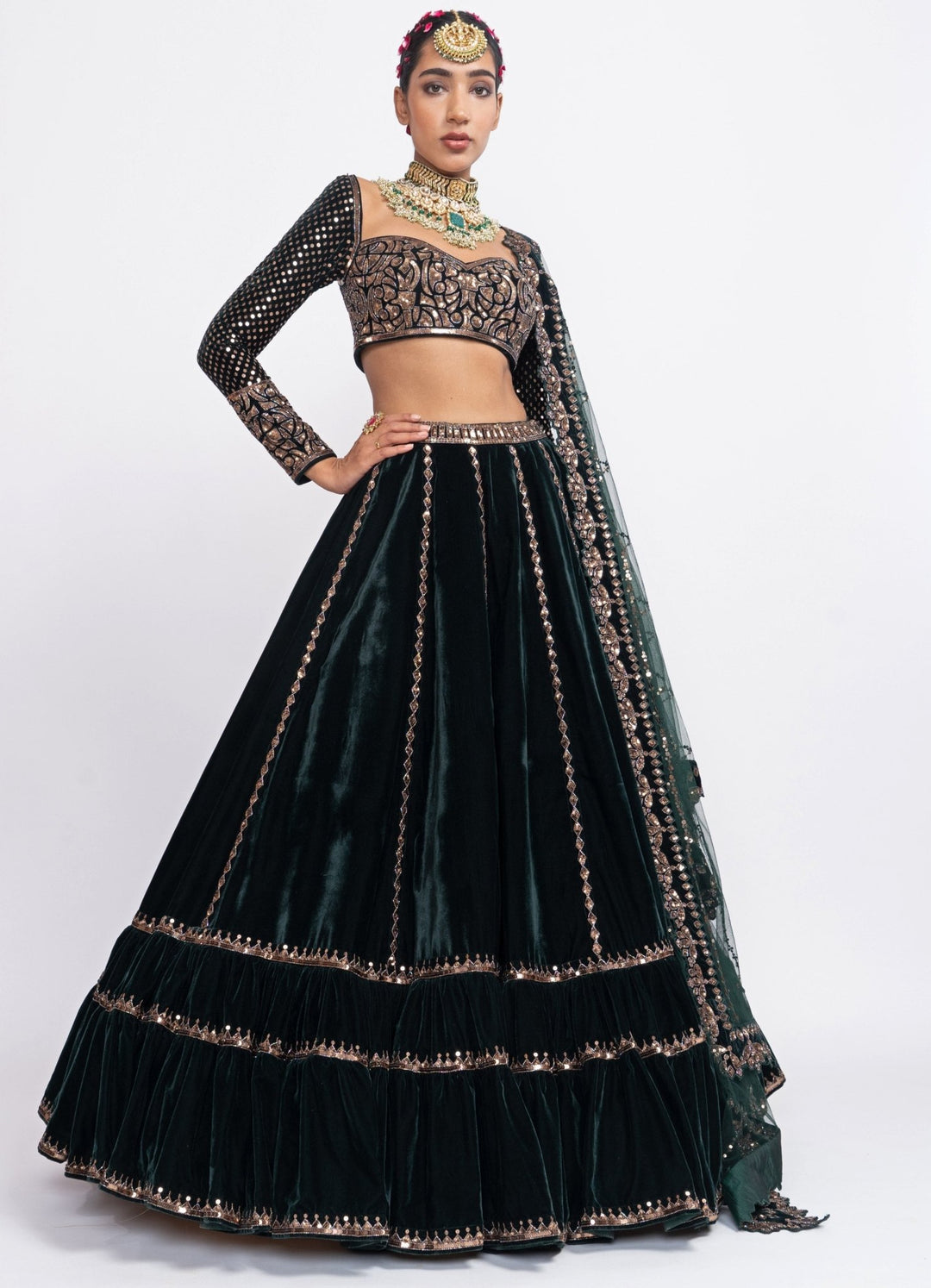 Deep Green Tiered Full Sleeves Lehenga Set Vvani by Vani Vats - Fabilicious Fashion