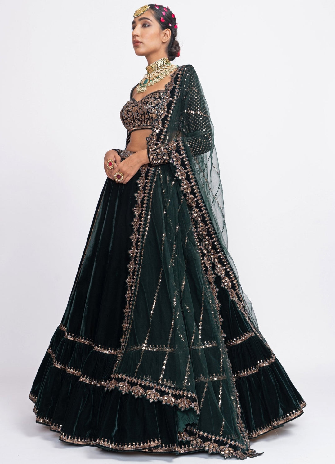 Deep Green Tiered Full Sleeves Lehenga Set Vvani by Vani Vats - Fabilicious Fashion