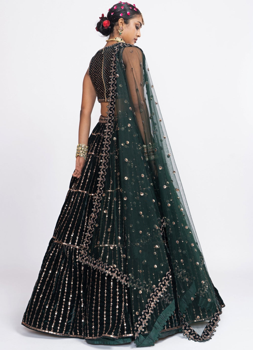 Deep Green Tiered Sleeveless Lehenga Set Vvani by Vani Vats - Fabilicious Fashion