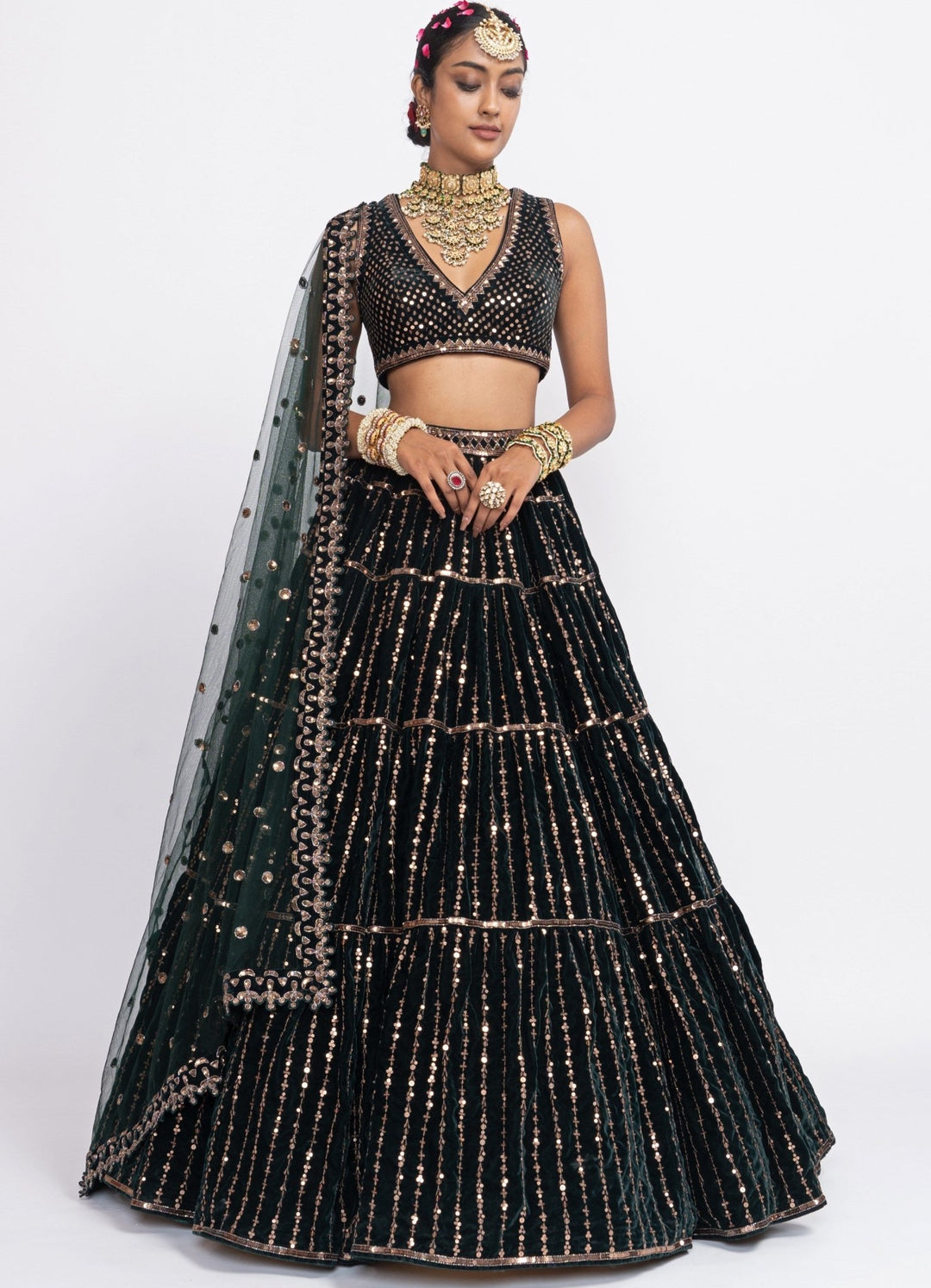 Deep Green Tiered Sleeveless Lehenga Set Vvani by Vani Vats - Fabilicious Fashion