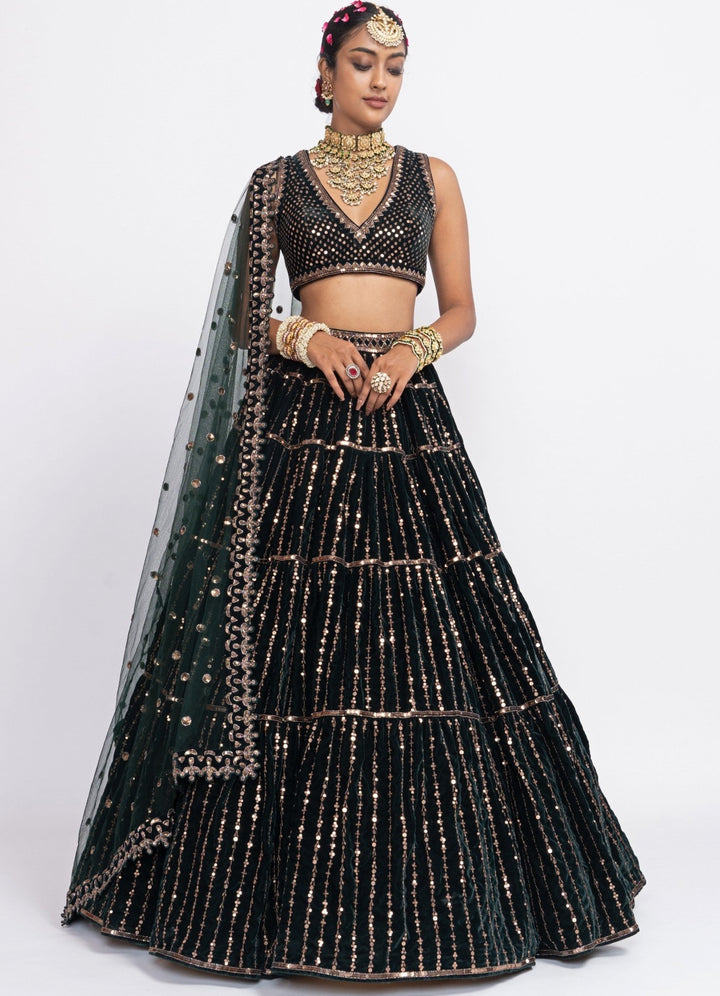 Deep Green Tiered Sleeveless Lehenga Set Vvani by Vani Vats - Fabilicious Fashion