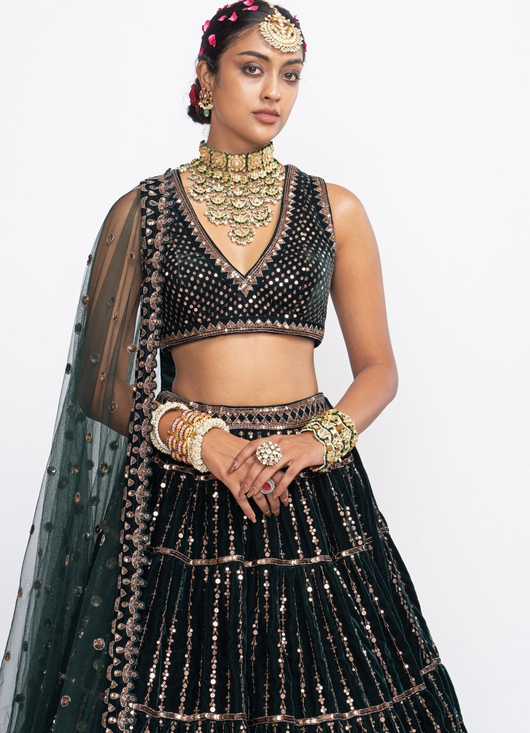 Deep Green Tiered Sleeveless Lehenga Set Vvani by Vani Vats - Fabilicious Fashion