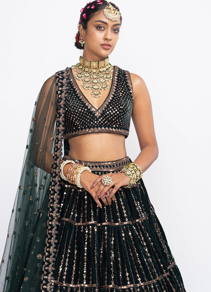 Deep Green Tiered Sleeveless Lehenga Set Vvani by Vani Vats - Fabilicious Fashion