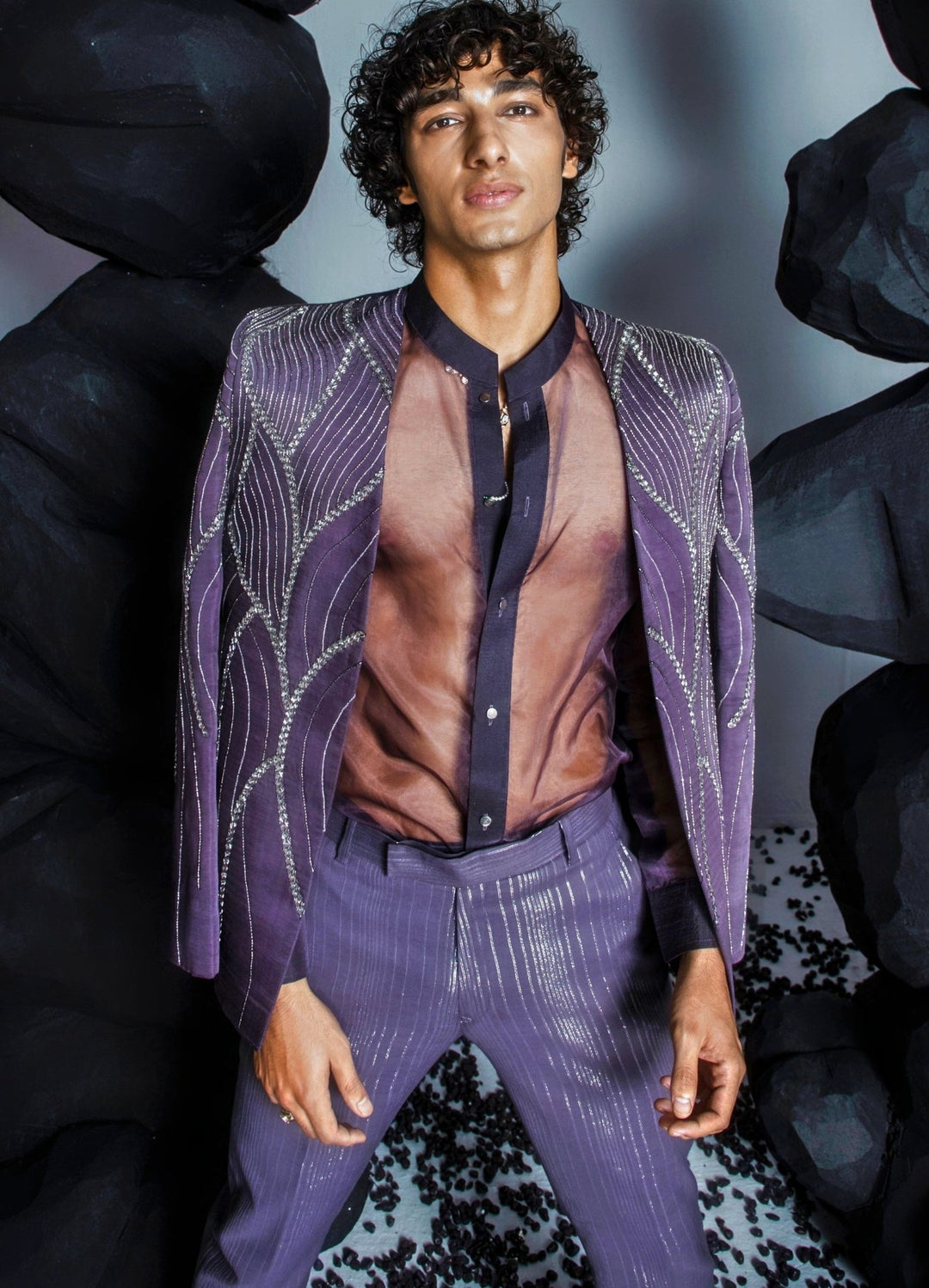 Deep Purple Embellished Jacket Set With Organza Shirt Contrast By Parth - Fabilicious Fashion