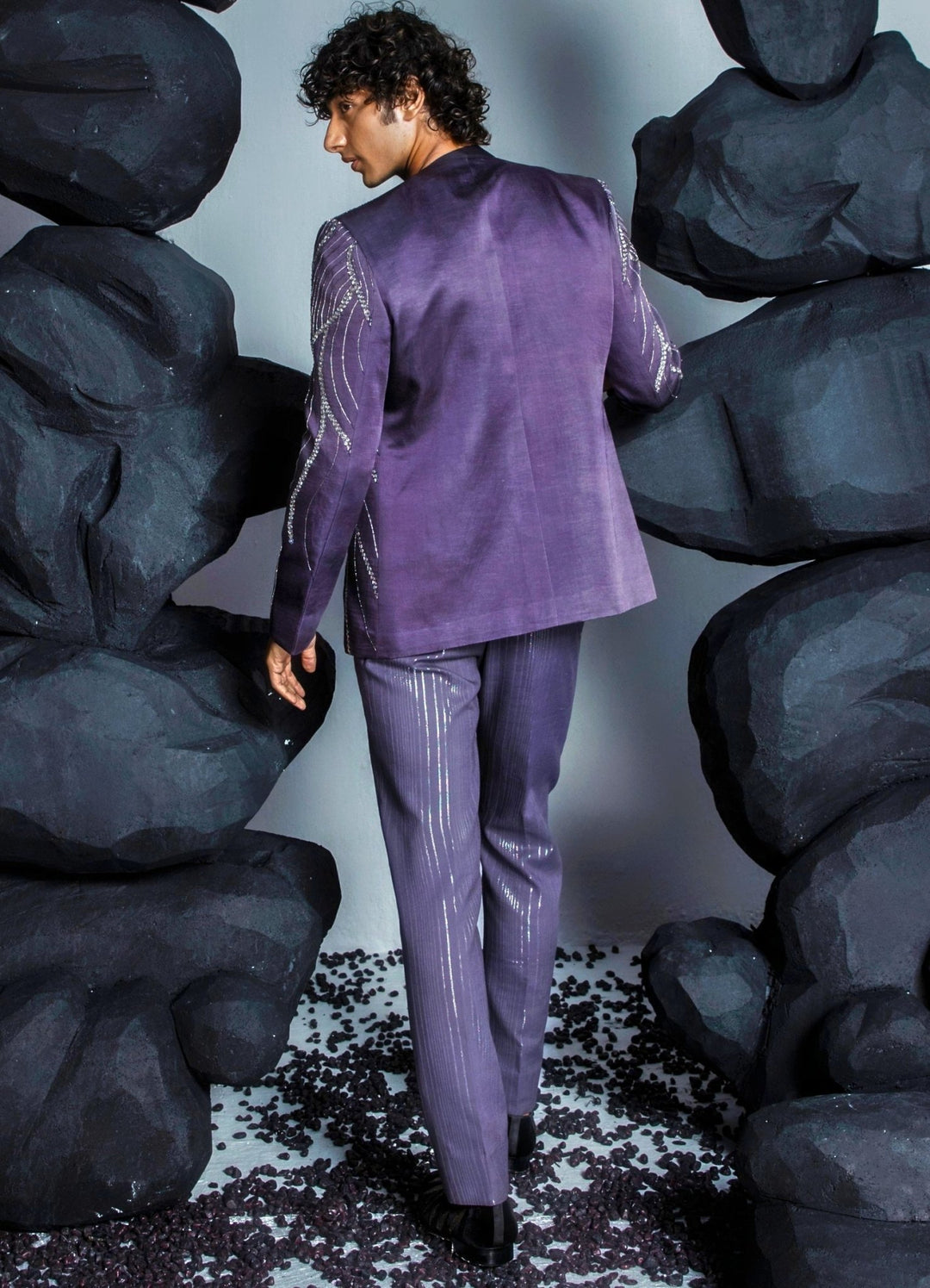 Deep Purple Embellished Jacket Set With Organza Shirt Contrast By Parth - Fabilicious Fashion