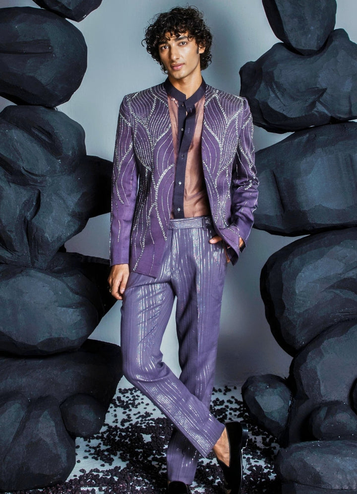 Deep Purple Embellished Jacket Set With Organza Shirt Contrast By Parth - Fabilicious Fashion