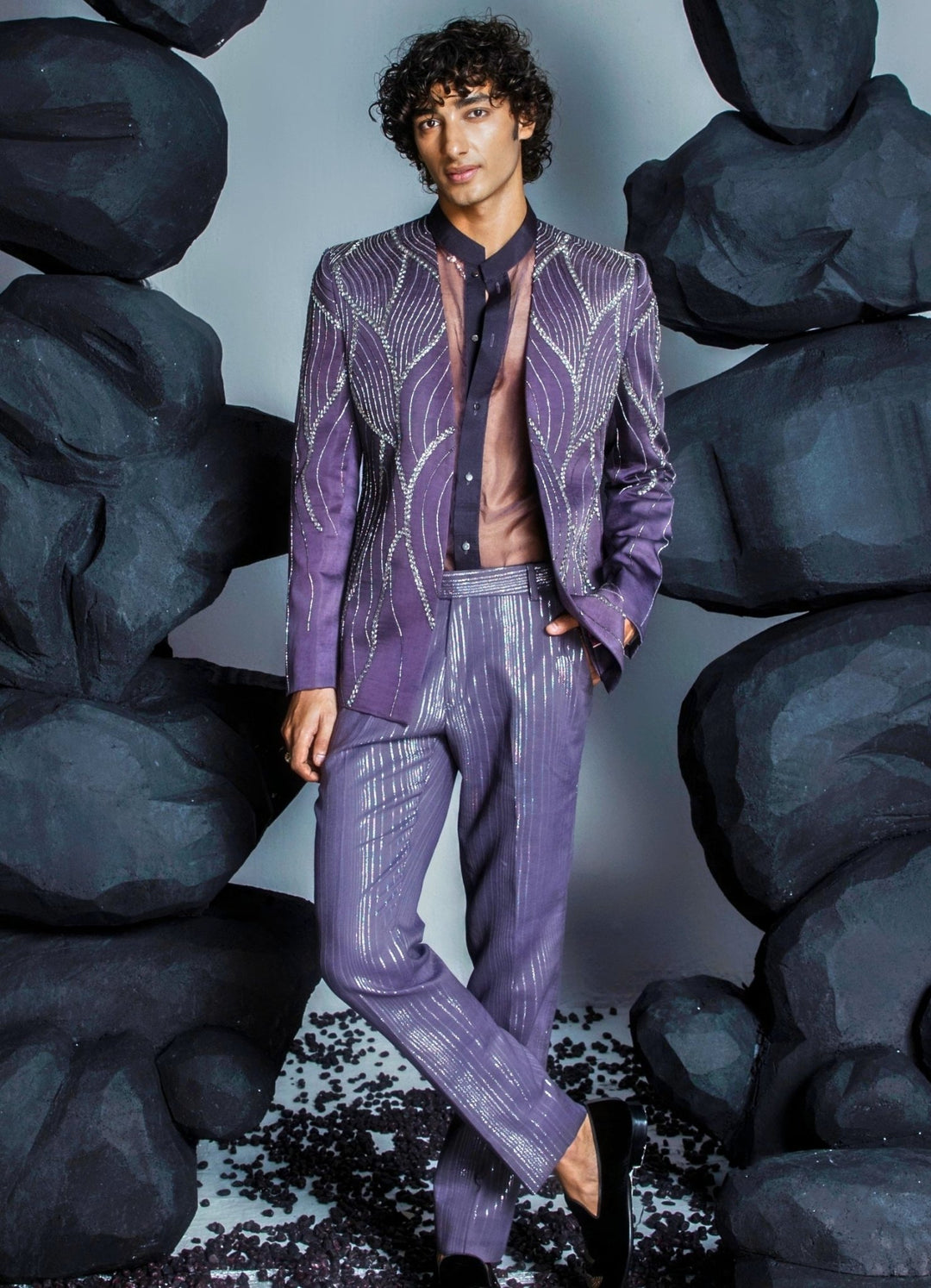 Deep Purple Embellished Jacket Set With Organza Shirt Contrast By Parth Fabilicious Fashion